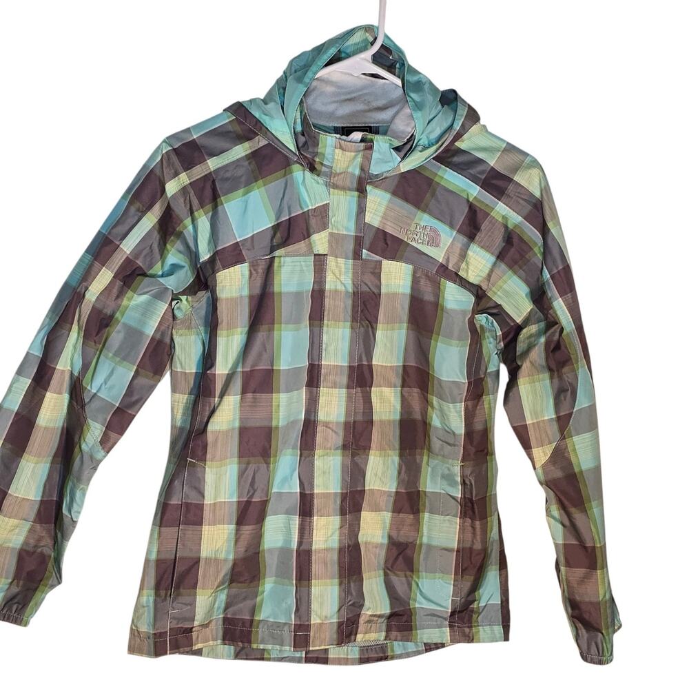 Girls North Face Green Plaid Jacket Youth 14-16 Rain Fall Zipper Pockets Hood